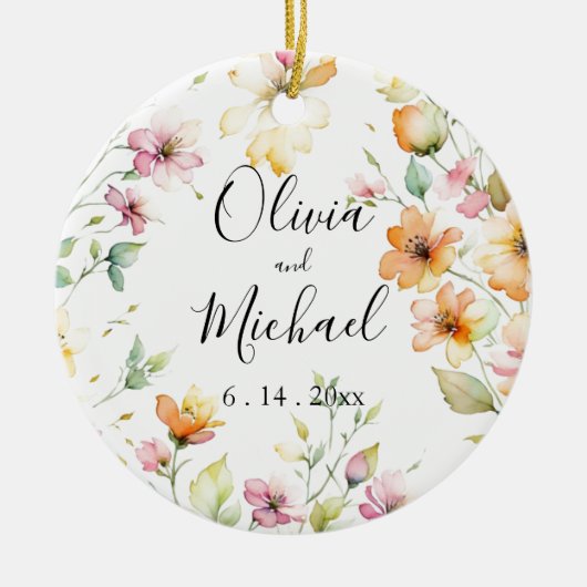 ボホかわいらしオレンジピンク水彩ワイルドフラワー セラミックオーナメント (正面)