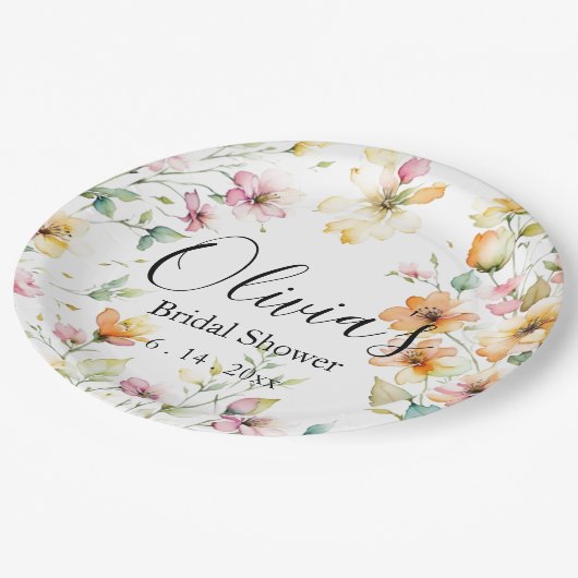 ボホかわいらしオレンジピンク水彩ワイルドフラワー ペーパープレート (アングル)