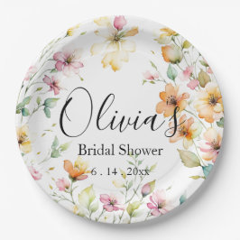 ボホかわいらしオレンジピンク水彩ワイルドフラワー ペーパープレート