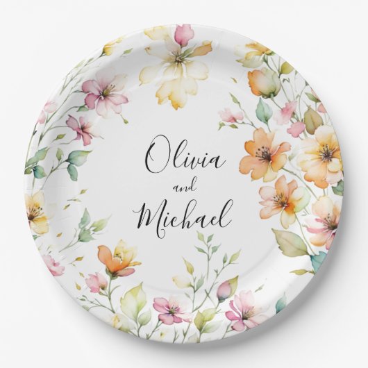 ボホかわいらしオレンジピンク水彩ワイルドフラワー ペーパープレート (正面)