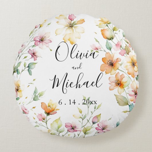 ボホかわいらしオレンジピンク水彩ワイルドフラワー ラウンドクッション (正面)