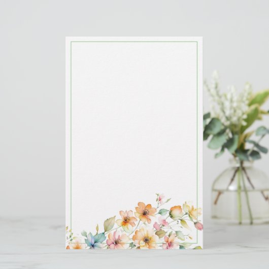 ボホかわいらしオレンジピンク水彩ワイルドフラワー 便箋 (スタンド正面)