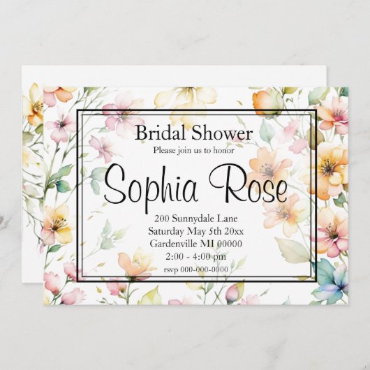 ボホかわいらしオレンジピンク水彩ワイルドフラワー 招待状 (正面/裏面)