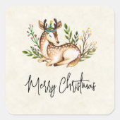 ボホかわいらしクリスマスを飾る水彩鹿 スクエアシール (正面)