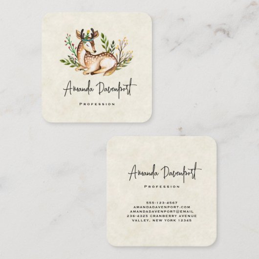 ボホかわいらしスクエアを敷く水彩鹿 スクエア名刺 (正面/裏面)