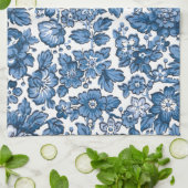 ボホかわいらしブルーとホワイトフローラ キッチンタオル (折り畳み)