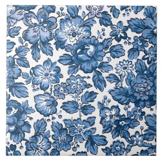 ボホかわいらしブルーとホワイトフローラ タイル (正面)