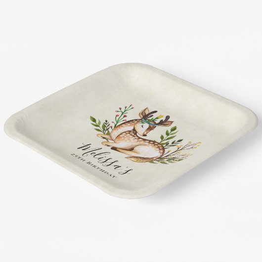 ボホかわいらし誕生日を敷く水彩鹿 ペーパープレート (傾斜あり)