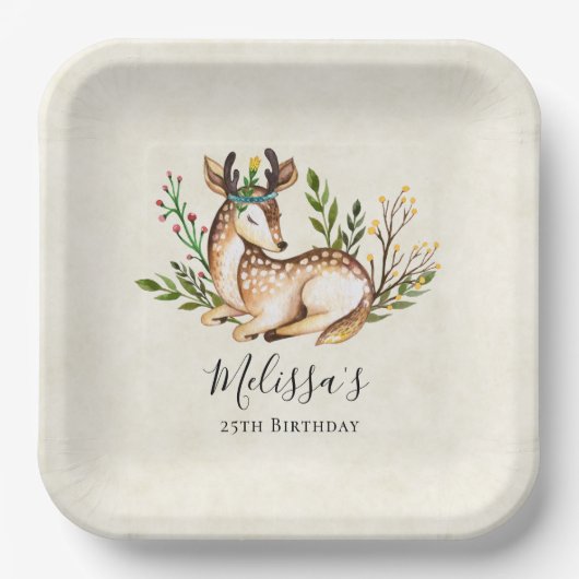 ボホかわいらし誕生日を敷く水彩鹿 ペーパープレート (正面)