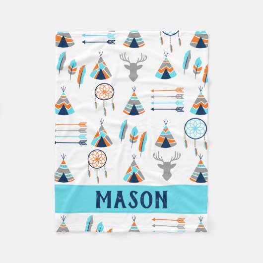 ボホのオレンジと青の南西 フリースブランケット (正面)