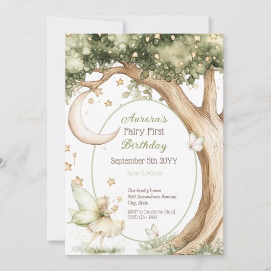 ボホの森の水の色フェアリー最初の誕生日 招待状 (正面)