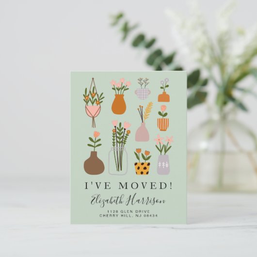 ボホの植物を移動したセージ緑の移動 案内ポストカード (スタンド正面)