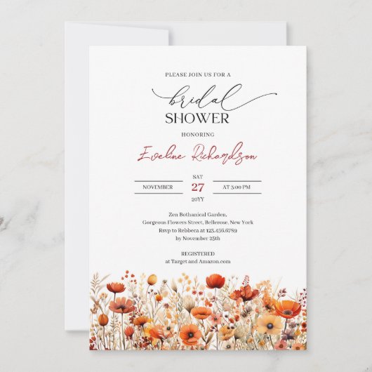 ボホの水色秋オレンジ黄色の野花 招待状 (正面)