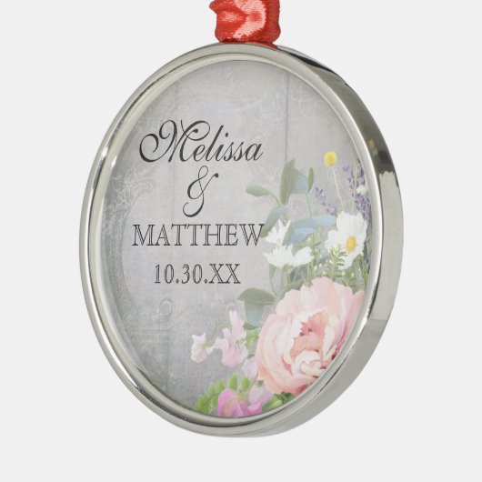 ボホの結婚フローラ素朴牡丹デイジーウッドの名前 メタルオーナメント (左)