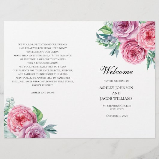 ボホの結婚式のプログラムを折った。夏のピンクの花 (正面)