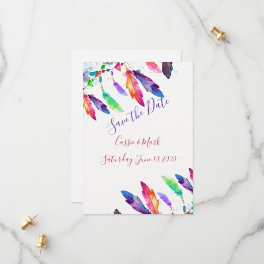 ボホの羽パーソナライズされた セーブザデート (正面/裏面インサイチュ)