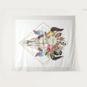 ボホの花と羽のジオメトリックブルスカル タペストリー (正面(横))