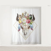 ボホの花と羽のジオメトリックブルスカル タペストリー (正面)