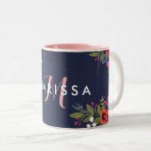 ボホの花 – ネイビーブルーとピンクのモノグラム ツートーンマグカップ (正面右)