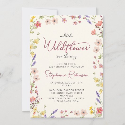 ボホの赤ちゃんシャワーの途中にある小さな野花 招待状 (正面)
