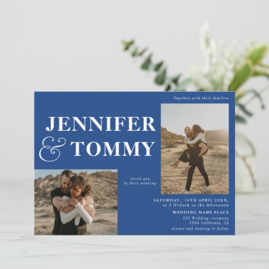 ボホはっきりしたは3枚の写真をシック結婚ブルーと名付ける 招待状 (スタンド正面)