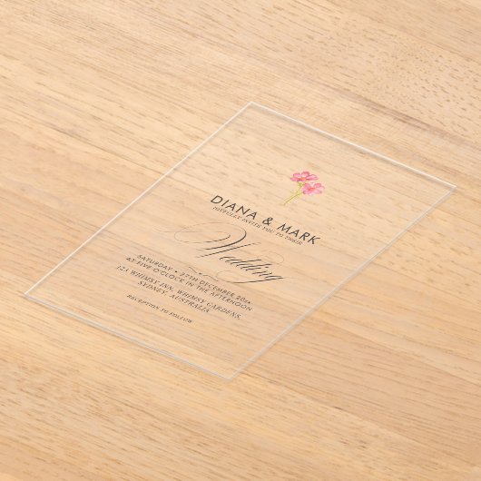 ボホはっきりしたピンクトレンディーワイルドフラワーユニーク結婚ズ アクリル招待状 (レイダウン)