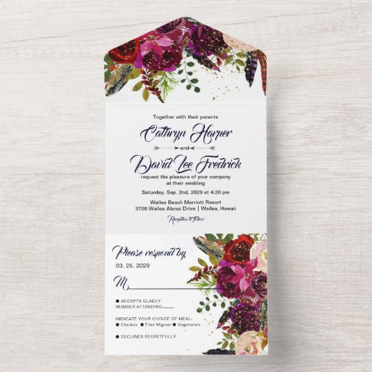 ボホはっきりしたブルゴーニュ海軍フローラ結婚ズ オールインワン招待状 (内側)