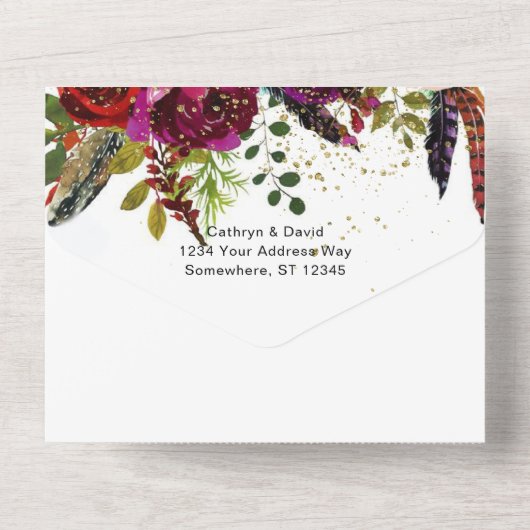 ボホはっきりしたブルゴーニュ海軍フローラ結婚ズ オールインワン招待状 (裏面)