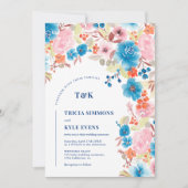 ボホはっきりしたブルーピンクの野生のフローラ結婚アーチ 招待状 (正面)