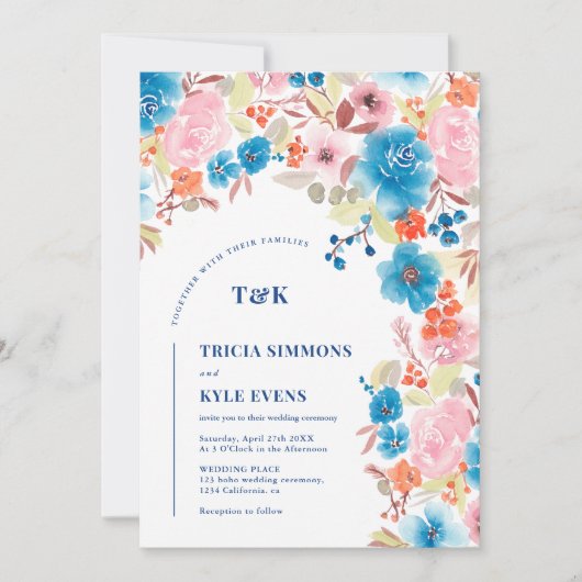 ボホはっきりしたブルーピンクの野生のフローラ結婚アーチ 招待状 (正面)