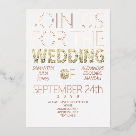 ボホはっきりしたモダン素朴フローラグリネリー結婚ズ 箔招待状 (正面)