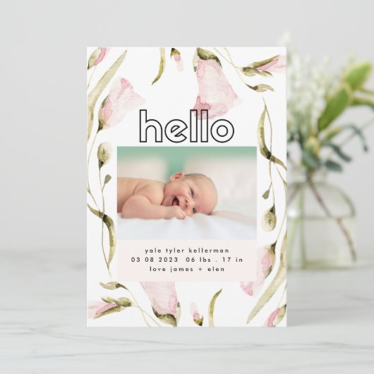 ボホはっきりしたワイルドフラワーピンク女の子ハローベビー誕生 案内状 (スタンド正面)