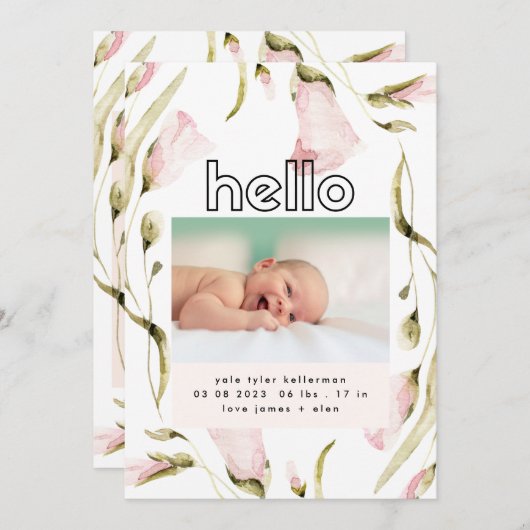 ボホはっきりしたワイルドフラワーピンク女の子ハローベビー誕生 案内状 (正面/裏面)