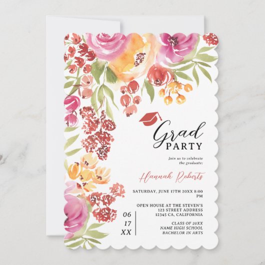 ボホはっきりした水彩画フローラ写真卒業パーティー 招待状 (正面)