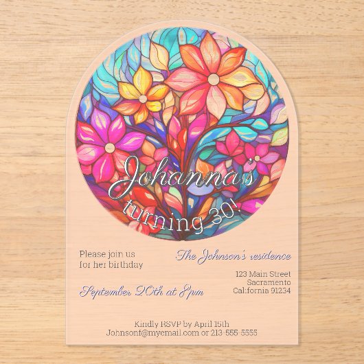 ボホはステンドグラス模倣誕生日を栄えた アクリル招待状 (正面)