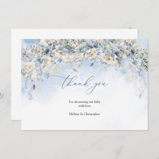 ボホほこりっぽい青い花の白いバラのユーカリ サンキューカード (正面/裏面)