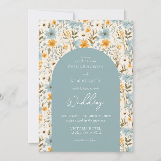 ボホほこりっぽい青と黄色の野花アーチ 招待状 (正面)