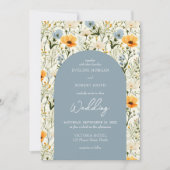 ボホほこりっぽい青と黄色の野花アーチ 招待状 (正面)