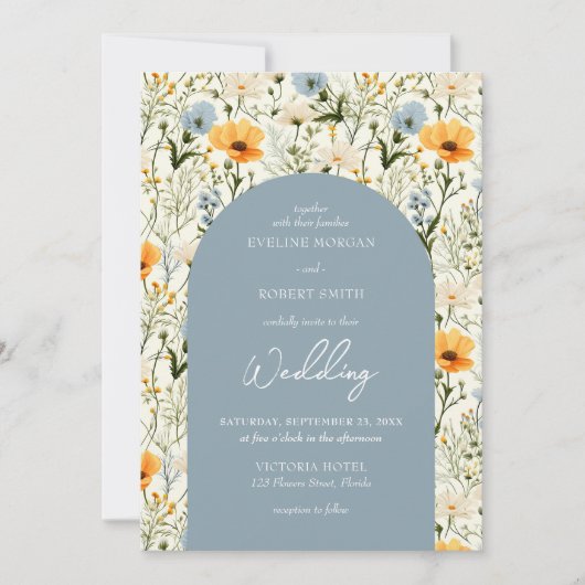 ボホほこりっぽい青と黄色の野花アーチ 招待状 (正面)