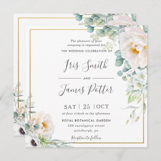 ボホアイボリーホワイトピーニーフローラユーカリ結婚プス 招待状 (正面/裏面)