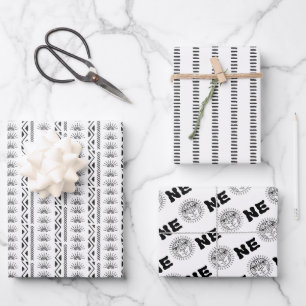 ボホアステカをテーマにしたラインアートサンワン1歳の誕生日 ラッピングペーパーシート