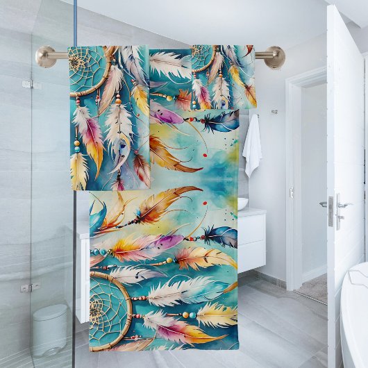 ボホアメリカンドリームキャッチャー水彩画 バスタオルセット