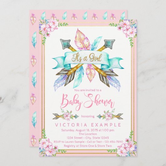 ボホアローフェザーガールベビーシャワー招待状 招待状 (正面/裏面)