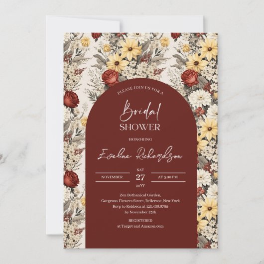 ボホアーチウォーター色クリムゾン赤い黄色の野花 招待状 (正面)