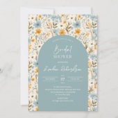 ボホアーチウォーター色ライトブルー黄色ワイルドフラワー 招待状 (正面)