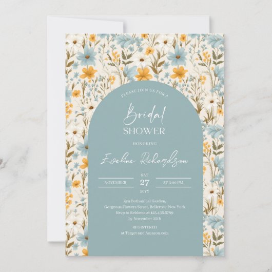 ボホアーチウォーター色ライトブルー黄色ワイルドフラワー 招待状 (正面)
