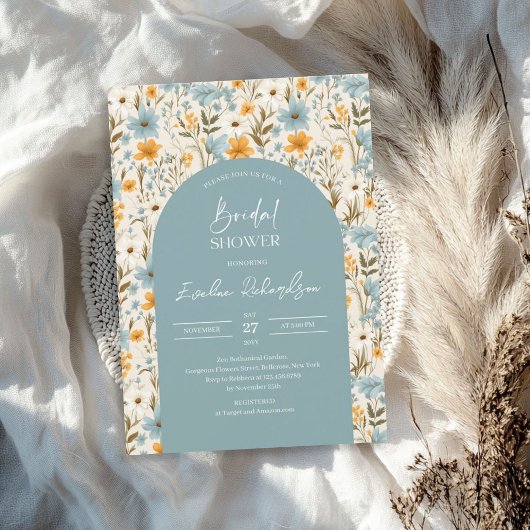 ボホアーチウォーター色ライトブルー黄色ワイルドフラワー 招待状