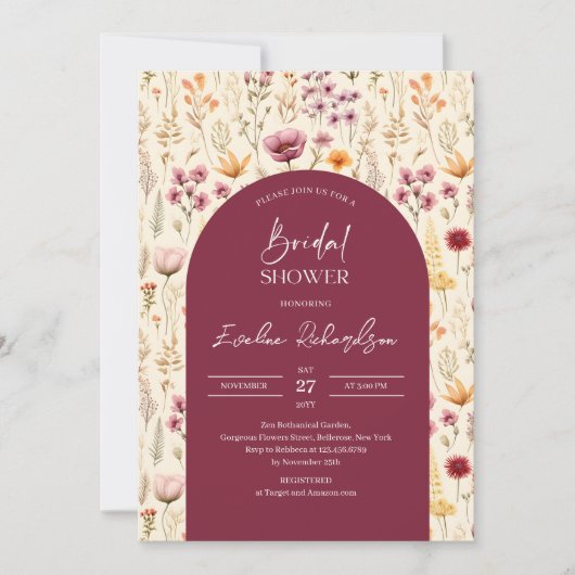 ボホアーチウォーター色深い紫色の黄色の野花 招待状 (正面)