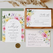 ボホアーチカラフルフローラ春エレガントな結婚式 招待状