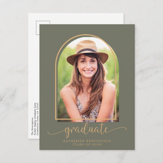 ボホアーチグリーン金ゴールド写真卒業パーティー 案内ポストカード (正面/裏面)